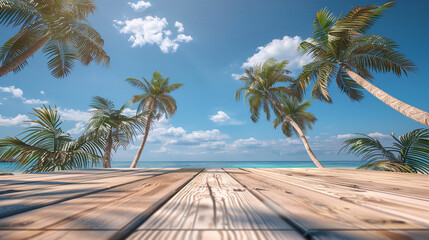 An elegant wooden podium set against a clear blue sky and gently swaying palm trees on a sunny beach