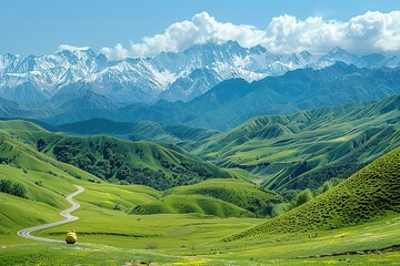 Fototapeta premium Snow capped mountains and grassland pastures