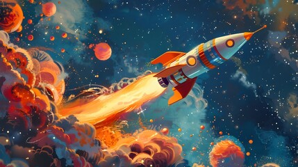 Space rocket launch cartoon, business idea project start up, growth innovation technology strategy concept, 3d render modern flat style illustration, abstract vibrant spaceship planet background.