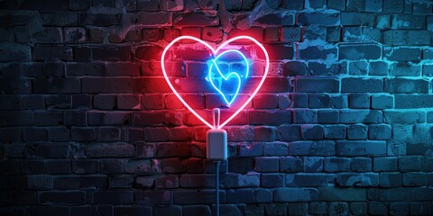 A heart-shaped neon sign on the wall with blue lightning and red filling, connected to an electric charging cable below. The background is a dark brick wall