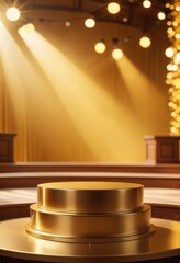 A golden podium stands against a blurred yellow background, accentuated by bokeh glare and reflections