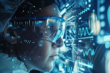 A close up of a medical researcher analyzing samples, with a hi tech HUD concept displaying data charts, in a high tech laboratory, and a cinematic look, sharpened with copy space