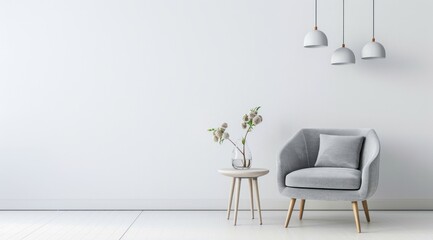 Modern interior design, grey armchair and coffee table with flower vase on white wall background