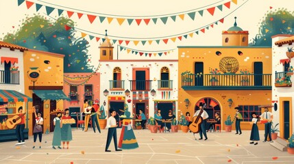Obraz premium Detailed vector illustration of a Cinco de Mayo street festival, with food stalls, musicians, and families enjoying the festivities Generative AI