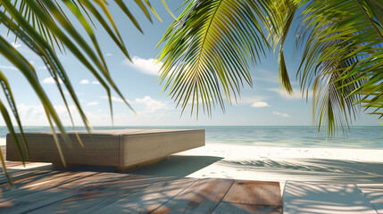 A sleek wooden podium under the shade of palm fronds on a pristine sandy beach