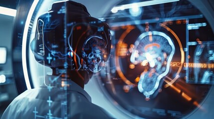 A close up of a radiologist examining an MRI scan