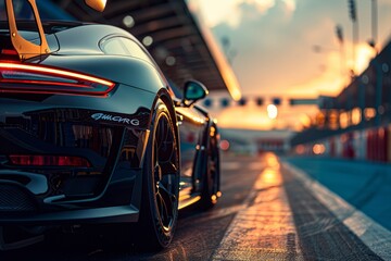 Close up of high performance sports car on track with ample space for text placement