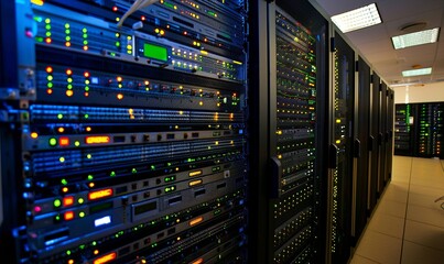 A high-tech server room, showcasing the hardware that supports software applications and services