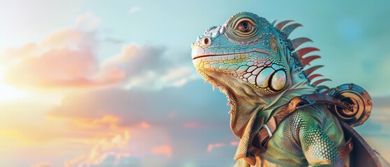 A closeup charismatic half body of an iguana dressed in a vintage pilot outfit