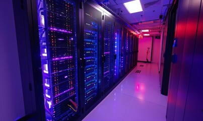A high-tech server room, showcasing the hardware that supports software applications and services