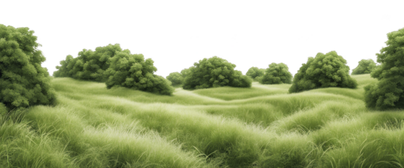 Lush green landscape with rolling hills and dense bushes isolate on transparent background, cutout, png