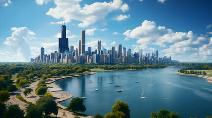 Aerial view of Chicago skyline from above, Lake Michigan and skyscrapers of downtown Chicago, Illinois, USA