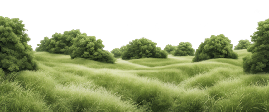 Lush green landscape with rolling hills and dense bushes isolate on transparent background, cutout, png