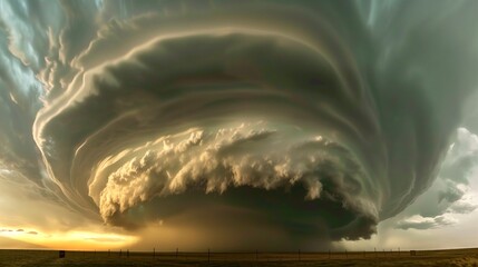 Dynamic Massive Supercell Thunderstorm with Dramatic Clouds and Intense Lighting Over Open Prairie at Sunset