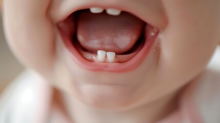 Show a close-up of a baby's mouth with their mouth full of teeth, capturing the progression from their first tooth to a mouthful of baby teeth. 