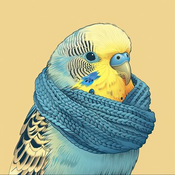 recommend clip art: Budgerigar (Budgie) with a scarf, simple flat line drawing clip art, simple line art illustration with two colors, clipart isolated on a pure solid color pastel cream background, simple doodle design