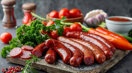 Assortment of boiled sausages on a serving board, paired with fresh vegetables and condiments, grey background