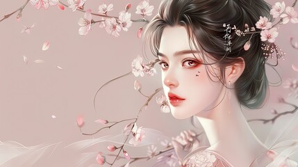 Female characters, graceful poses, soft colors, natural beauty makeup, in the style of traditional ink painting, soft facial features, hair accessories, empty mulberry, floating life