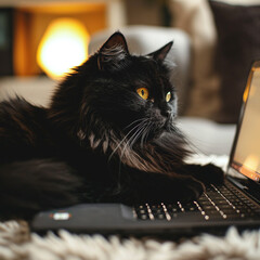 Close-up of a cute cat sitting on a table near a laptop. Cat working with laptop at home online, studying in home office, people working at home, freelancing, generating ai