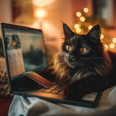 Close-up of a cute cat sitting on a table near a laptop. Cat working with laptop at home online, studying in home office, people working at home, freelancing, generating ai