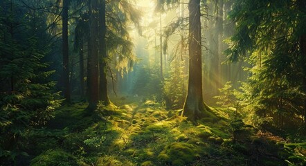 Obraz premium Coniferous Forest. A Magical Fairytale Forest with Green Moss, Sunlight, and Mystical Atmosphere