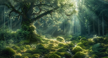 Coniferous Forest: A Magical Fairytale Landscape With Golden Sunlight and Mystical Atmosphere