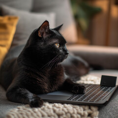 Close-up of a cute cat sitting on a table near a laptop. Cat working with laptop at home online, studying in home office, people working at home, freelancing, generating ai