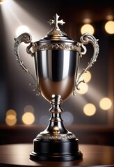 Fototapeta premium a silver trophy takes center stage against a blurred background illuminated by a spotlight 