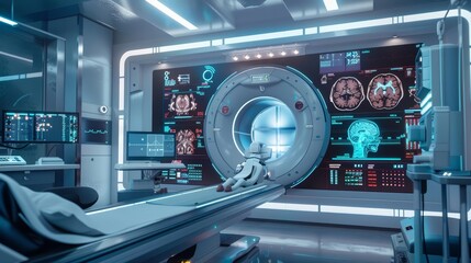 A detailed view of AIdriven diagnostic imaging, showcasing precise analysis of medical scans, in a hightech lab with a futuristic, cinematic look