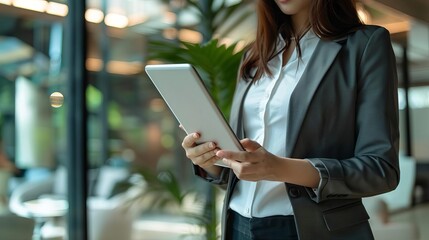 Fototapeta premium Businesswoman using a digital tablet in a modern office setting, focusing on her work. Professional attire in a contemporary workspace.