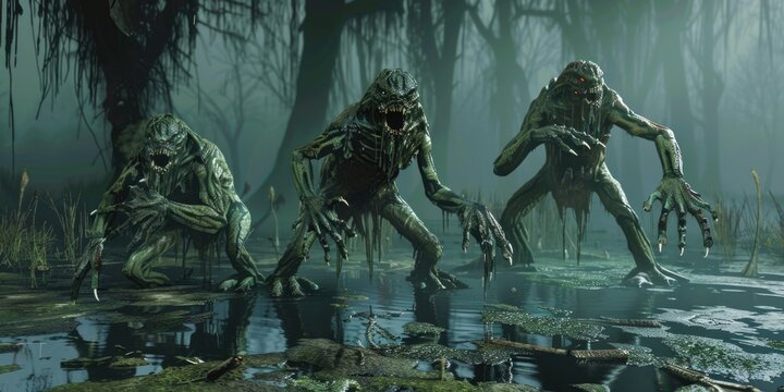 Creatures of the Swamp: 3D Illustration of Amphibian Mutants in a Dark and Creepy Marsh