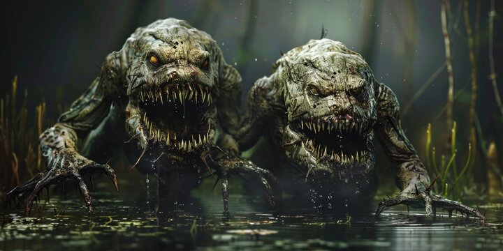 Creatures of the Swamp: 3D Illustration of Terrifying Amphibian Mutants in a Dark Marsh