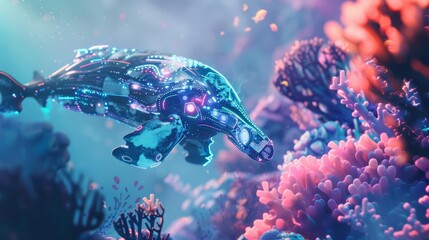 Fototapeta premium A futuristic concept of an aqua animal with cybernetic enhancements swimming gracefully through a vibrant coral reef