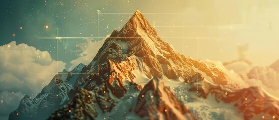 A mountaintop view interwoven with the excitement of a new business venture, detailed with futuristic elements and a cinematic look, set against a blurry background