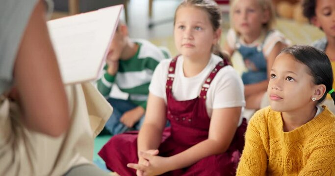 Kindergarten, story and teacher reading to children in montessori school, classroom and learning. Kids, fairytale and woman teaching language literacy in fantasy with creative preschool education