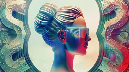 Female face with futuristic glasses, digital art style.