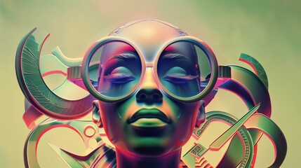 Female face with futuristic glasses, digital art style.
