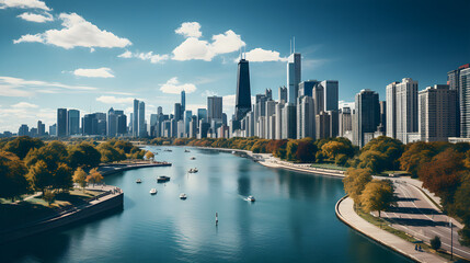 Aerial view of Chicago skyline from above, Lake Michigan and skyscrapers of downtown Chicago,...