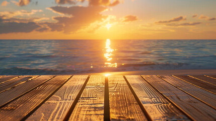 Stylish wooden podium with the setting sun casting golden hues over a tranquil beach