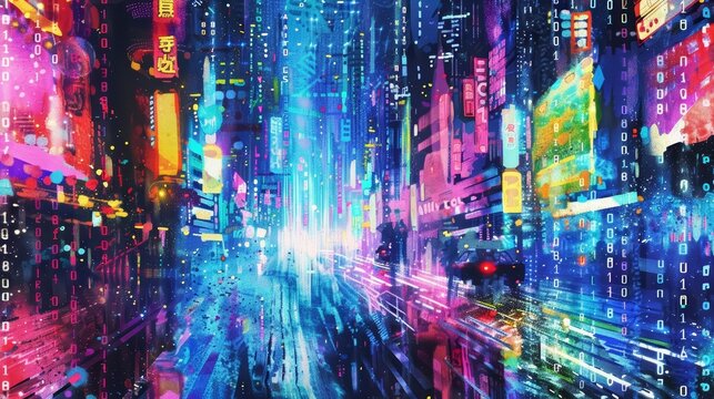 A watercolor of binary code, cascading down like rain, in a neonlit cityscape, within a cyberpunk metropolis, clipart isolated on white