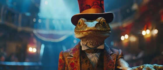 Amazing closeup charismatic of a newt dressed as a magician, pulling holographic tricks from a digital hat, in a magical theater, Sharpen banner cinematic with copy space