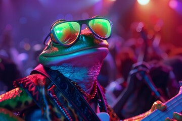 Amazing closeup charismatic of a frog in a rockstar outfit, performing on stage with neon holographic lights, in a packed concert hall, Sharpen banner cinematic with copy space