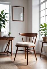 A wooden chair in a white living room interior, paired with a blank table perfect for mockup displays