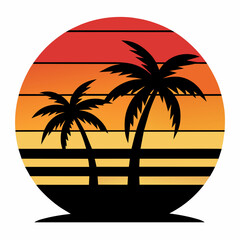 Sunset style and dad and daughter silhouette, palm tree, vector art illustration.