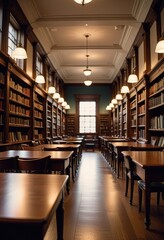 An abstract view showcases an empty college library interior room, with bookshelves lining the walls, while a blurred classroom in the background adds depth with a defocus effect 