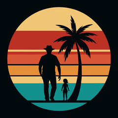 Sunset style and dad and daughter silhouette, palm tree, vector art illustration.