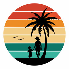 Sunset style and mom and son silhouette, palm tree, vector art illustration.