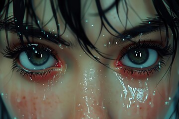 Unleash a chaotic flurry of emotions with a tilted close-up shot capturing the protagonists piercing eyes
