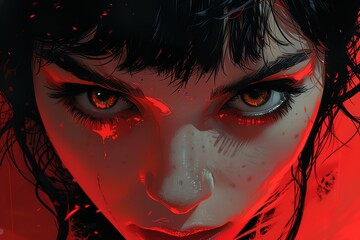 Unleash a chaotic flurry of emotions with a tilted close-up shot capturing the protagonists piercing eyes