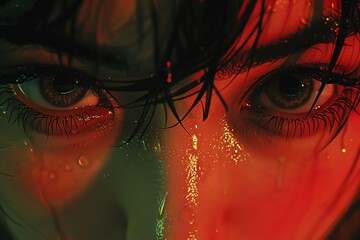 Unleash a chaotic flurry of emotions with a tilted close-up shot capturing the protagonists piercing eyes